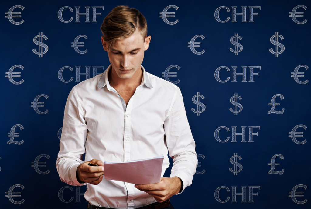 Angestellter mit Blick auf eine Preisliste. Im Hintergrund Wand mit verschiedenen Währungssymbolen