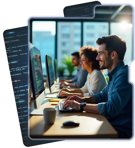 Team von IT-Experten bei der Entwicklung integrierter und automatisierter Softwaresysteme