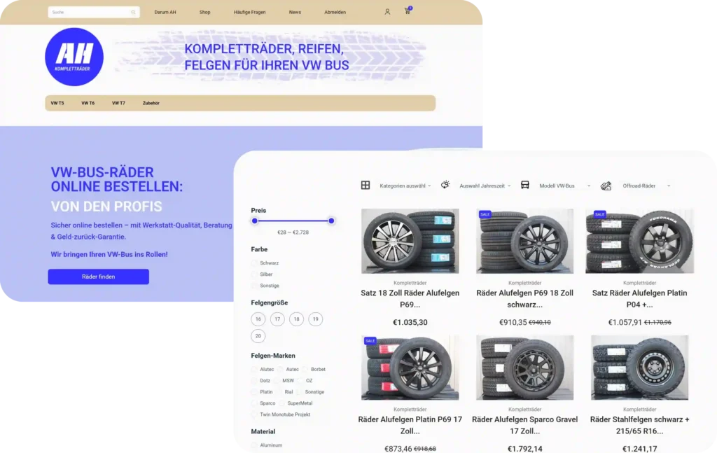 WooCommerce shop with tire and rim configurator for AH tire service