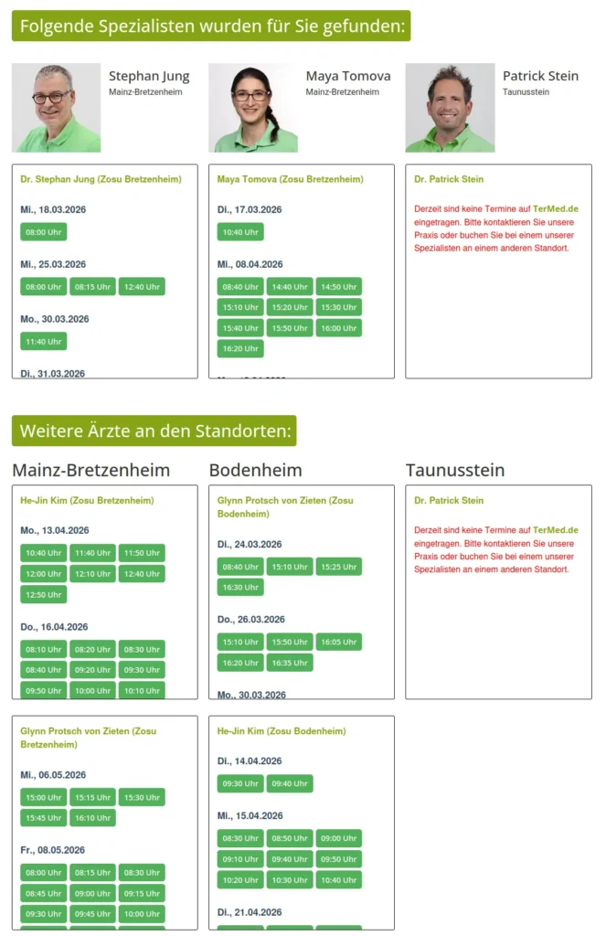 DoctorFinder Screenshot – Suitable specialists and available appointments after automatic doctor assignment