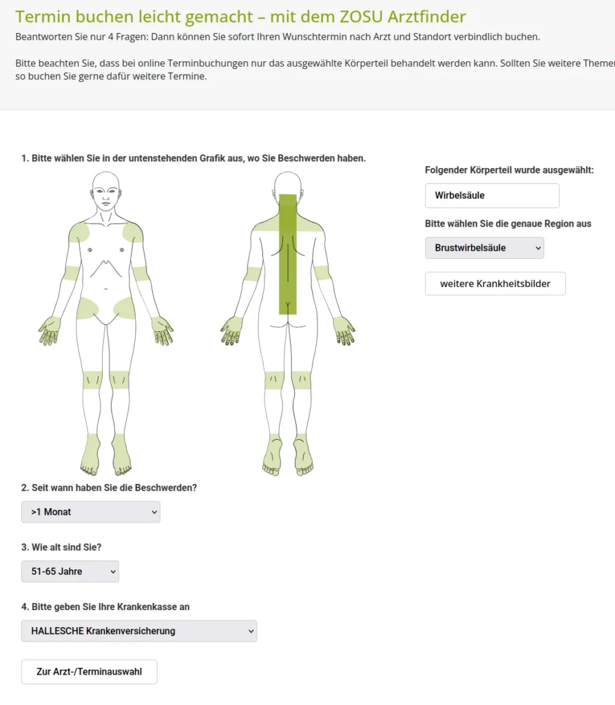 DoctorFinder Screenshot – Patient selects body part and health insurance for automatic doctor assignment